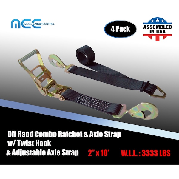 Axle Ratchet Tie Down Strap w/ Snap Hook Race Car Hauler Trailer Flatbed Black, 4PK